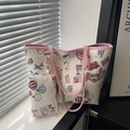 Ensemble sac cabas à imprimé dessin animé beige avec poignées roses et pochette - Rose