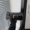 Retro black crocodile embossed rectangle baguette bag with golden metal lock - Black