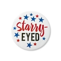 Close-up of 58mm Starry-EYED tin badge with red and blue stars for Independence Day - Starry-EYED Style (Style 2)