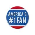 Macro shot of 58mm America's #1 Fan tinplate badge with USA flag colors for July 4th - AMERICA'S #1 FAN Style (Style 3)
