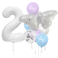 Detail of white butterfly and number 2 foil balloon set with macaron latex balloons - Silver Butterfly Number 2