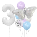 Detail of silver butterfly foil balloon and blue latex balloons for 3rd birthday decor - Silver Butterfly Number 3