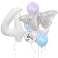 Detail of silver butterfly foil balloon and large number 4 with mixed latex balloons set - Silver Butterfly Number 4