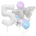 Macro detail of butterfly balloon set with silver sequins and white number 5 for birthdays - Silver Butterfly Number 5
