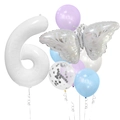 Silver butterfly balloon set with white number 6 and sequins for birthday party decor - Silver Butterfly Number 6