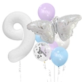 Macro view of silver butterfly foil balloon and number 9 balloon for birthday party setup - Silver Butterfly Number 9