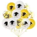 Détail de ballons en latex de remise des diplômes avec confettis dorés et imprimé We Did It - Ensemble Or-Blanc