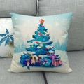 Linen Christmas pillow case with blue tree and gift patterns on a gray sofa - 18x18 Inch / Blue Xmas Tree With Gifts Style (21)