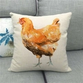Watercolor rooster print linen throw pillow cover displayed on a modern grey sofa - Realistic Watercolor Rooster Style (1)