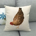 Detail of linen pillowcase with watercolor hen painting on a soft gray sofa - 18x18 Inch / Realistic Hand-painted Hen Style (7)