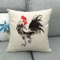 Detailed texture of linen pillowcase with artistic watercolor rooster print on grey sofa - 18x18 Inch / Chinese Ink Painting Rooster Style (10)