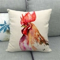 Close-up of watercolor rooster oil painting pattern on rustic linen throw pillow cover - 18x18 Inch / Hand-drawn Style Rooster (15)