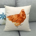 Close-up of linen throw pillow cover featuring a detailed watercolor chicken print on a sofa - 18x18 Inch / Orange-red Hen Watercolor Style (19)