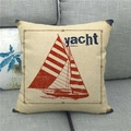 Close-up of nautical linen pillow cover featuring a red sailboat and yacht typography - Red Yacht Style (4) / 45x45cm