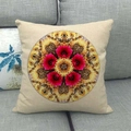 Linen geometric square pillow cover with magenta floral mandala on a gray sofa - Cactus Floral Kaleidoscope(8) / 45x45cm