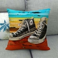 Artistic linen pillow cover with retro pop art canvas shoe print on grey sofa - 18x18 Inch / Canvas Shoes (4)