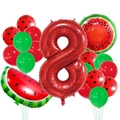 Vista detallada del set de globos de sandía con un gran globo de aluminio del número 8 - Rojo Número 8 Juego