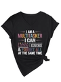 Black V-neck tee with colorful pop art typography and stylish knot detail at the hem - Black (White Print)