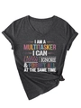 Detail of V-neck grey charcoal t-shirt with multicolor slogan print and side knot - Heather Grey (White Print)