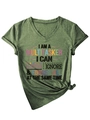 Detail of V-neck dark green t-shirt featuring humor slogan and stylish front knot design - Olive Green (Black Print)