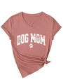 Detail view of Dog Mom V-neck tee in dusty rose with a knot detail at the hemline - S / Rose Gold (White Graphic)