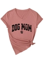 Detail of V-neck dusty rose T-shirt featuring distressed Dog Mom print and knotted hem - S / Rose Gold (Black Graphic)
