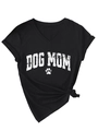 Close-up of V-neck cotton T-shirt featuring a vintage DOG MOM print and front knot detail - S / Black (White Graphic)
