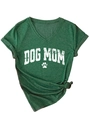 Detail of V-neck dark green T-shirt featuring Dog Mom print and stylish front knot hem - S / Retro Green (White Graphic)