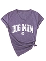 Detail of Dog Mom print and V-neck on purple heathered t-shirt with knotted hem - S / Purple (White Graphic)