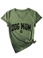 Detail of army green V-neck T-shirt with distressed Dog Mom text and paw print print - S / Olive Green (Black Graphic)