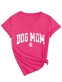 Detail of Dog Mom print and side knot on this women's V-neck rose red T-shirt - S / Rose Red (White Graphic)