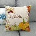 Dettaglio della fodera in lino con zucche Hi Autumn e frutti su un divano grigio - Stile Pittura di Frutti Ciao Autunno (7)