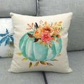 Housse de coussin en lin avec citrouille aquarelle pour décor d'automne et fête - Style Citrouille Verte avec Roses (18)