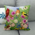 Dettaglio della federa in lino con uccelli colorati, fiori autunnali e motivi da giardino - Stile Giardino Uccelli e Fiori (14)