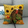 Dettaglio di federa in lino con stampe festive di tacchino, girasole e zucca autunnale - Stile Tacchino del Ringraziamento (20)