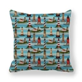 Detailed close-up of square linen pillowcase with blue lighthouse and ocean patterns - Blue Ocean Lighthouse Style (5) / 18x18 Inch