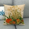 Detailed close-up of a rustic linen pillowcase featuring painted autumn pumpkins on a sofa - Pumpkin and Corn Stalk Harvest Style (10)