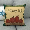 Detail of linen pillowcase with Welcome Fall text and hand-painted pumpkin design - Red Pumpkin Welcome Fall Style (12)