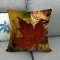 Close-up of linen pillowcase with artistic oil painted red maple leaf on gray sofa - 45x45cm / Artistic Red Maple Leaf Style(5)