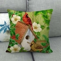 Leinen Kissenhülle mit roten Kardinalvögeln, Vogelhaus und weißen Blumen auf Sofa - Kardinalvogel-Vogelhaus Stil (3)
