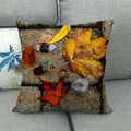 Close-up of maple leaf print on linen pillowcase placed on a grey sofa background - 45x45cm / Natural Sketch Fallen Leaves and Stone Background Style(12)