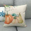 Detailed view of linen pillowcase with autumn pumpkin watercolor print on a sofa - Watercolor Teal Pumpkins Mix (7)