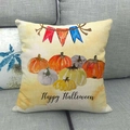 Detail of linen Halloween pillowcase with colorful pumpkins and Happy Halloween text - Happy Halloween Pumpkins Flags (15)