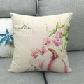 Close-up of linen pillowcase with pink pumpkin pattern and autumn breath text - Autumn Breath Pink Pumpkin (10)