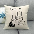 Fodera per cuscino in lino con coniglietti cartoon e scritta Let's go su divano - 45*45cm / Stile Coniglio (3)