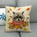 Detailed texture of autumn linen pillowcase featuring a raccoon with a red scarf and leaves - Raccoon Pattern (7) / 45x45cm