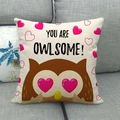 Linen owl throw pillow cover with YOU ARE OWLSOME text on a grey fabric sofa - Beige Heart Eye Owl Pattern(18) / 18x18 Inch