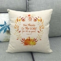 Detail of linen Thanksgiving pillow cover with floral pumpkin wreath and Bible verse print - Psalm Bible Quote Style (6)