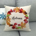 Close-up of autumn wreath and maple leaf print on textured linen pillow cover - Autumn Realistic Wreath Style (7)