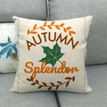 Macro detail of Autumn Splendor text and green maple leaf on linen pillow cover - Autumn Splendor Single Maple Leaf Style (8)